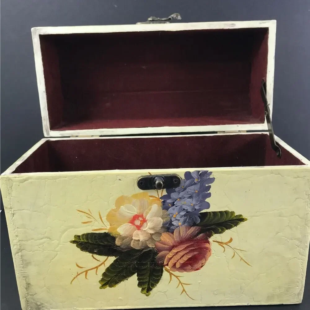Antique-Like Small Lacquerware Box, Hand-Painted Yellow Flowers, Keepsake Chest